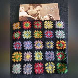 Granny Square Afghan  Black Pink Purple Green Handmade Vtg Large Pouch 13 x 14